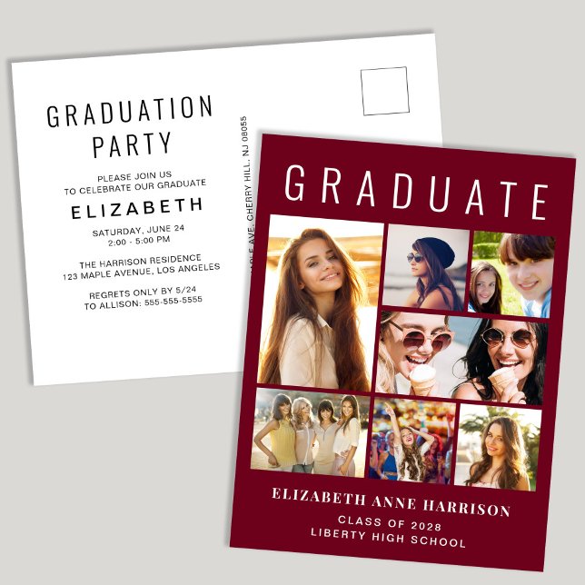 Modern Photo Collage Burgundy Red Graduation Party Invitation Postcard (Creator Uploaded)