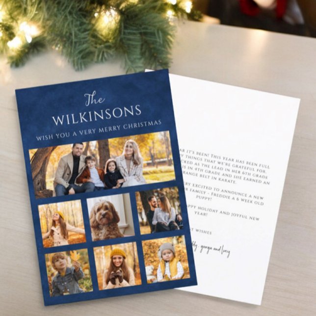 Modern photo collage christmas Flat Holiday Card (festive christmas modern 7 photo collage family xmas card  with a year in review text template )