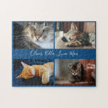 Modern Photo Collage Custom Script Name on Blue Jigsaw Puzzle<br><div class="desc">Create your own modern photo collage with 4 images in two rows of two separated by thin blue borders with a larger dark blue space across the middle with your custom name(s) in an elegant white handwritten script font. Add your names and/or text and photographs in the sidebar to personalise...</div>