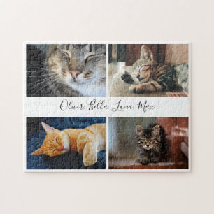 Modern Photo Collage Custom Script Name on White Jigsaw Puzzle