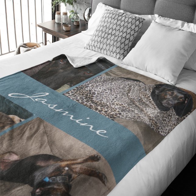 Modern Photo Collage Dog Dusty Blue Fleece Blanket (Capture precious pet moments with our Modern Pet Photo Collage Fleece Blanket. )
