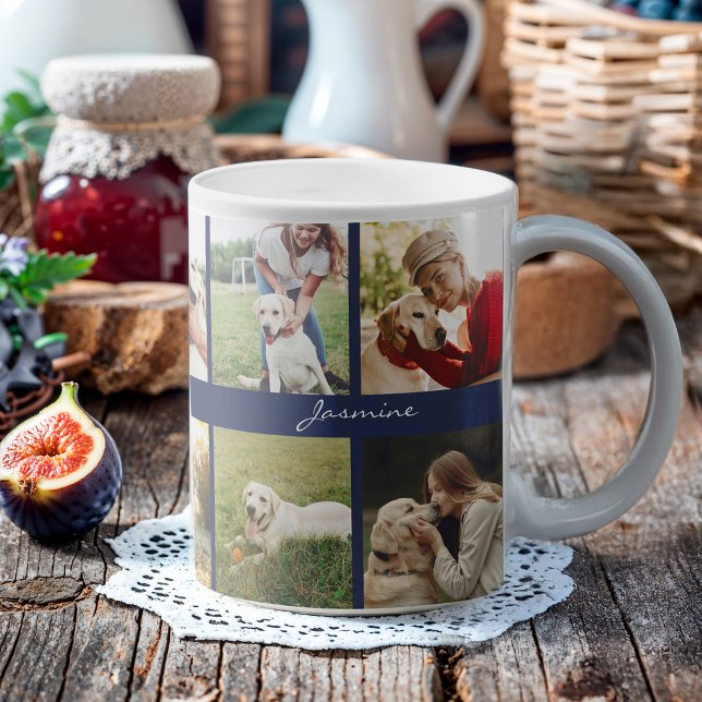 Modern Photo Collage Dog Navy Blue Coffee Mug (Celebrate your furbaby with this photo collage mug.)