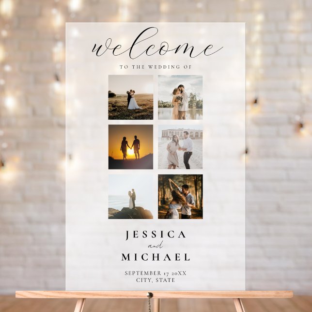 Modern Photo Collage Elegant Wedding Welcome Acrylic Sign (Creator Uploaded)