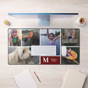 Modern Photo Collage Family Last Name Monogram Desk Mat