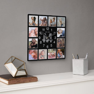 Modern Photo Collage Family Name Black Square Wall Clock