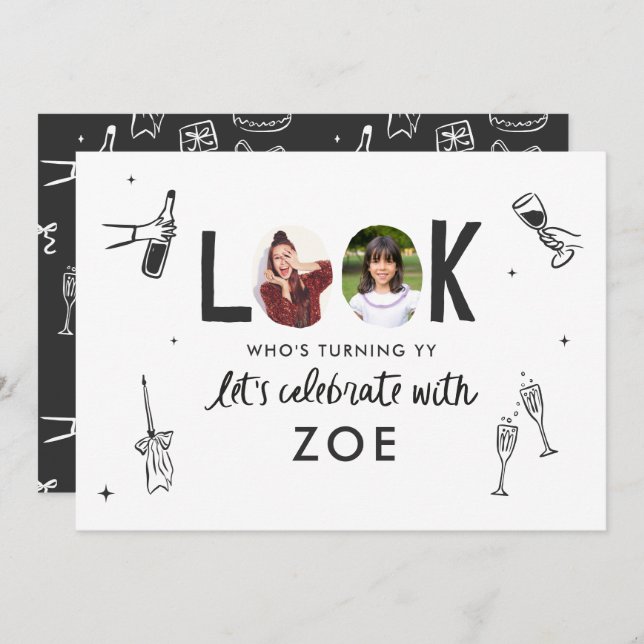 Modern Photo Collage Fun Hand-Drawn Birthday Invitation (Front/Back)