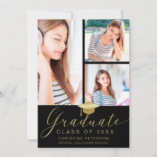 Modern Photo Collage Gold Script Black Graduation Announcement