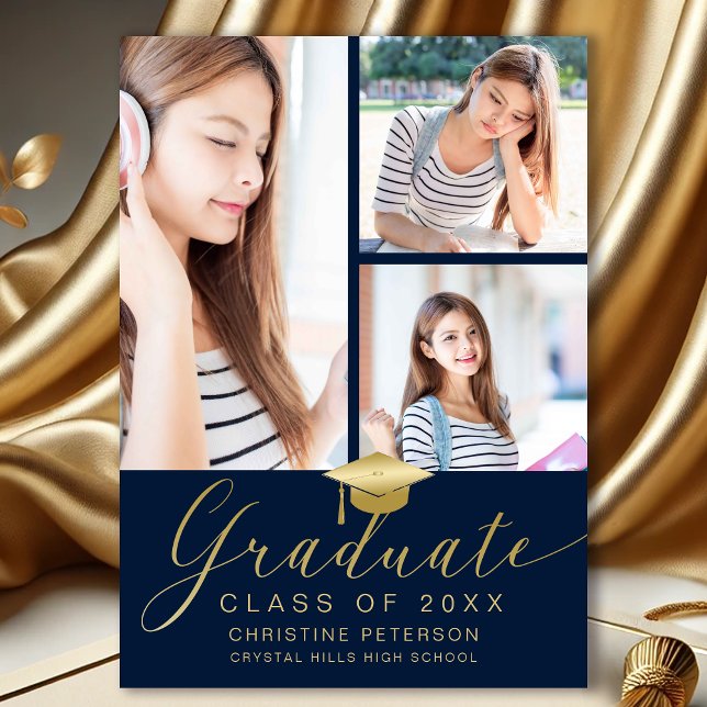 Modern Photo Collage Gold Script Navy Graduation Announcement (Modern Photo Collage Navy Blue and Gold Graduation Announcement)
