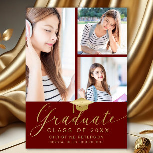 Modern Photo Collage Gold Script Red Graduation Announcement