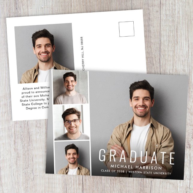 Modern Photo Collage Graduation Announcement Postcard (Cherish the milestone: share your graduate's achievement with a custom photo graduation announcement)