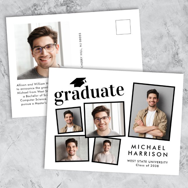 Modern Photo Collage Graduation Announcement Postcard (Cherish the milestone: share your graduate's achievement with a custom photo graduation announcement)