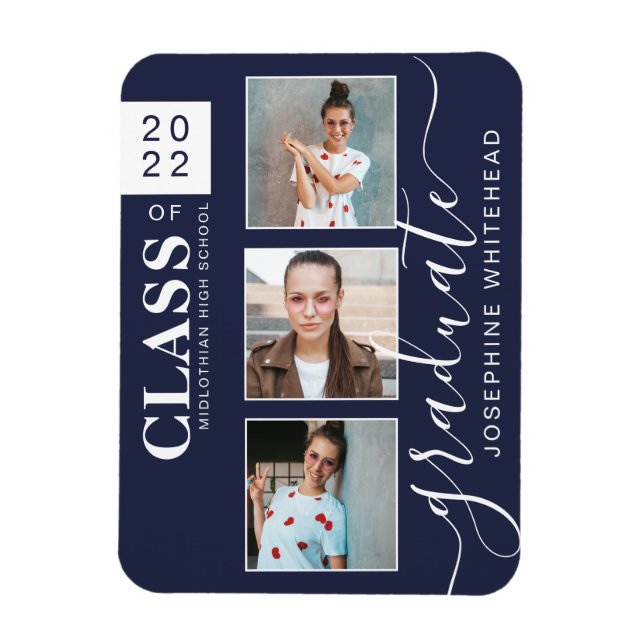 Modern Photo Collage Graduation Navy Blue 2022 Magnet (Vertical)