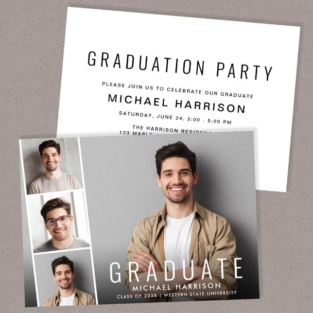 Modern Photo Collage Graduation Party Invitation (A personalized photo graduation party invitation to celebrate the graduate's achievements)