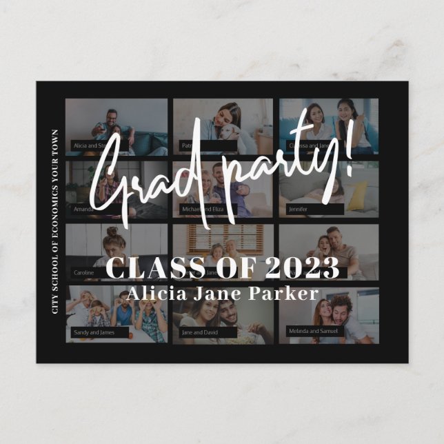 Modern photo collage graduation party invitation postcard (Front)