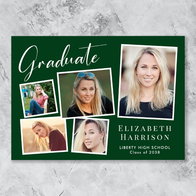 Modern Photo Collage Green Graduation Announcement (Cherish the milestone: share your graduate's achievement with a custom photo graduation announcement)
