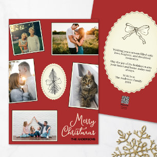 Modern Photo Collage Hand Drawn Tree Red  Holiday Card