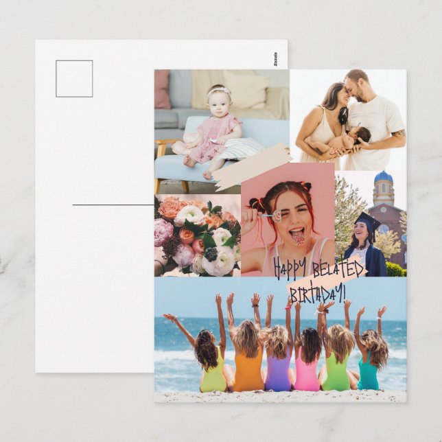Modern photo collage Happy belated birthday card (Front/Back)