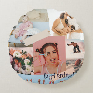 Modern photo collage Happy birthday Cute Round Cushion