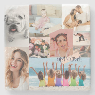 Modern photo collage Happy birthday Cute Stone Coaster