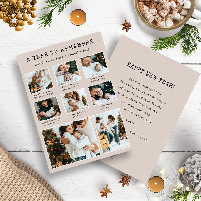 Modern Photo Collage Holiday Card (Tan and Black A Year To Remember Photo Collage Christmas Holiday Year In Review Cards)