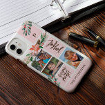Modern photo collage initial monogram personalised iPhone 15 case<br><div class="desc">Personalise this typography script and collage iPhone case with three custom photos, your family name and your monogram name initial and create your own family keepsake phone case with beautiful memories. The blush pink colour together with the watercolor winter holidays / Christmas botanicals and the brushed script hand lettered "joyful",...</div>