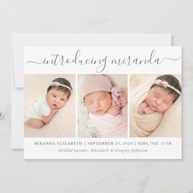 Modern Photo Collage Introducing Baby Birth  Announcement (Front)