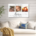 Modern Photo Collage Love Grows Here Canvas Print<br><div class="desc">This stunning canvas wall art features a beautiful three-frame photo collage showcasing cherished memories, adorned with the heartfelt message, "Love Grows Here." The elegant black and white design, combined with exquisite script and print typography, creates a sophisticated and enduring piece that will complement any interior style. Personalise it with your...</div>