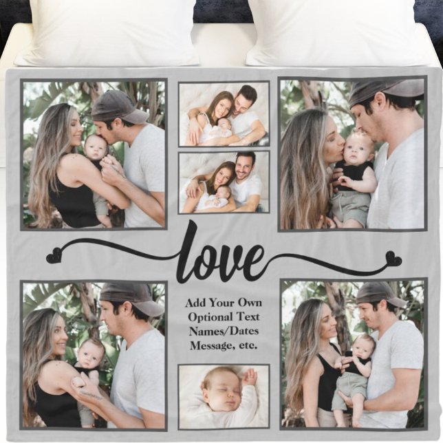 Modern Photo Collage Love Heart Custom Text Colour Fleece Blanket (Creator Uploaded)