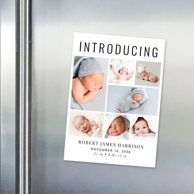 Modern Photo Collage Magnetic Birth Announcement (Announce the arrival of your precious baby in a way that is as beautiful and unique as they are)