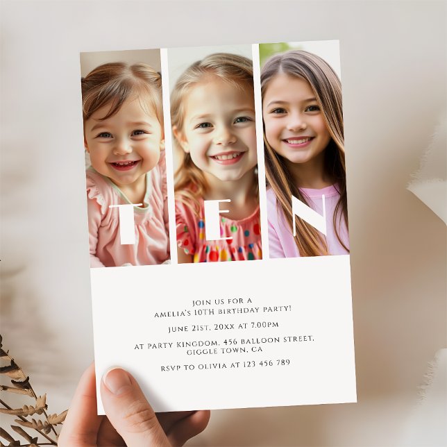 Modern Photo Collage Minimal 10TH Birthday Party Invitation (Creator Uploaded)