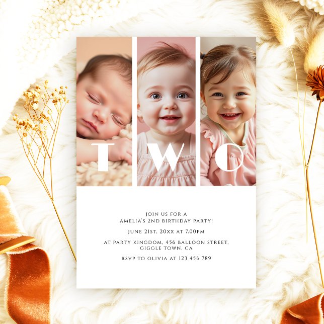 Modern Photo Collage Minimalist 2nd Birthday Party Invitation (Creator Uploaded)