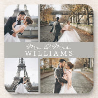 Modern Photo Collage Monogram Newlyweds Grey