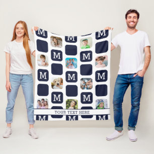 Modern Photo Collage Monogram Pattern Navy MED. Fleece Blanket
