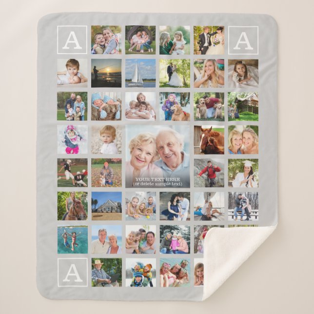 Modern Photo Collage Monogram Personalised Grey Sherpa Blanket (Front)