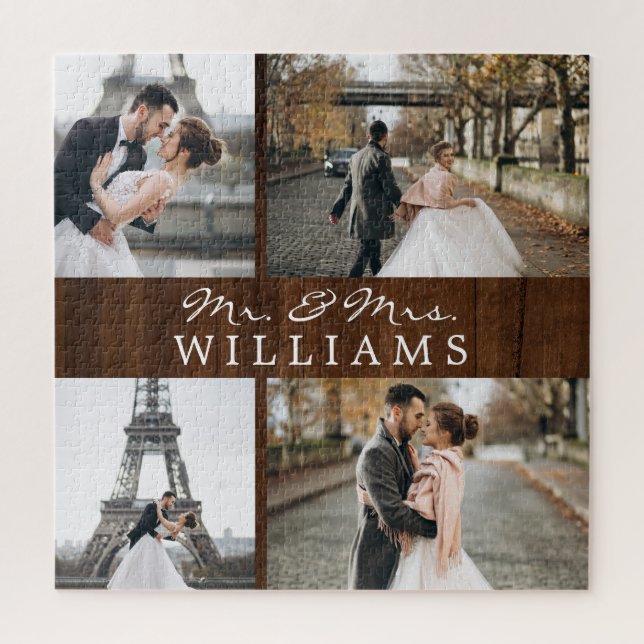 Modern Photo Collage Newlyweds Monogram Dark Wood Jigsaw Puzzle (Vertical)