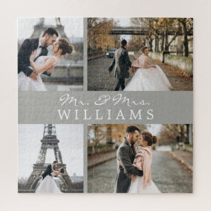 Modern Photo Collage Newlyweds Monogram Grey Jigsaw Puzzle