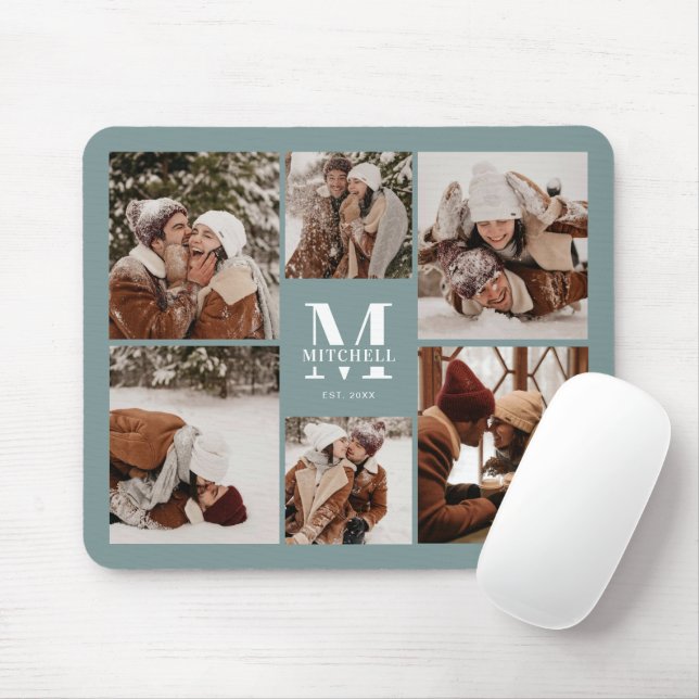 Modern Photo Collage Personalised Monogram Green Mouse Pad (With Mouse)