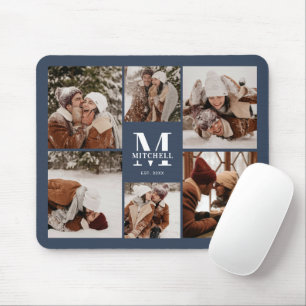 Modern Photo Collage Personalised Monogram Navy Mouse Pad