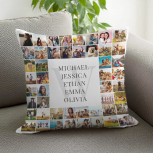 Modern Photo Collage Personalized Family Monogram Cushion