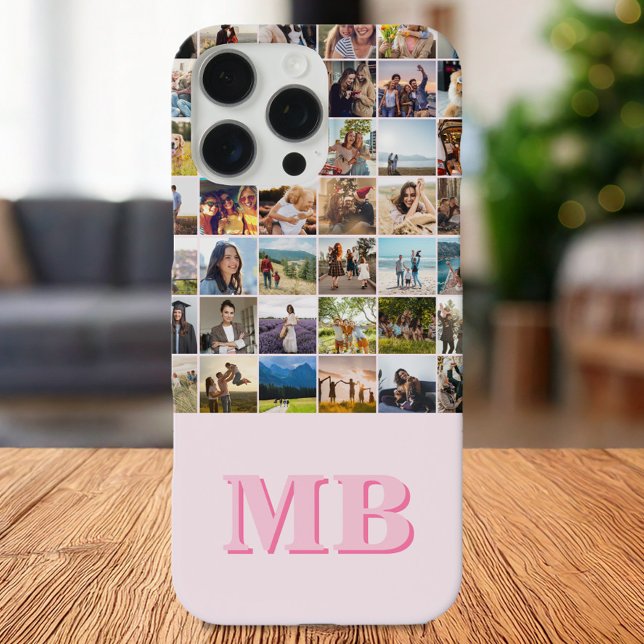 Modern Photo Collage Pink Initial Monogram iPhone Case (Creator Uploaded)