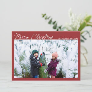 Modern Photo Collage Red Script Merry Christmas Holiday Card