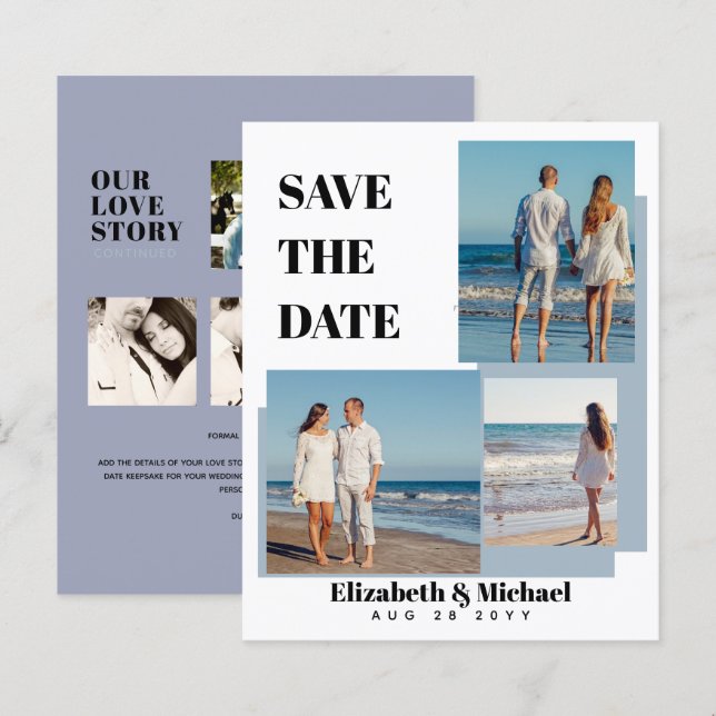 Modern PHOTO Collage Save Dates Dusty Blue (Front/Back)