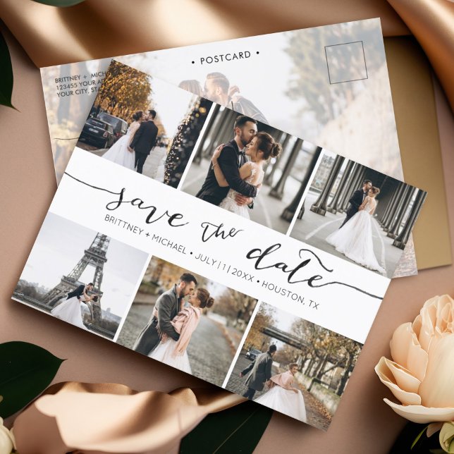 Modern Photo Collage Save the Date  Announcement Postcard (Save the Date hand lettered minimalistic photo collage postcard with photo on the back.)