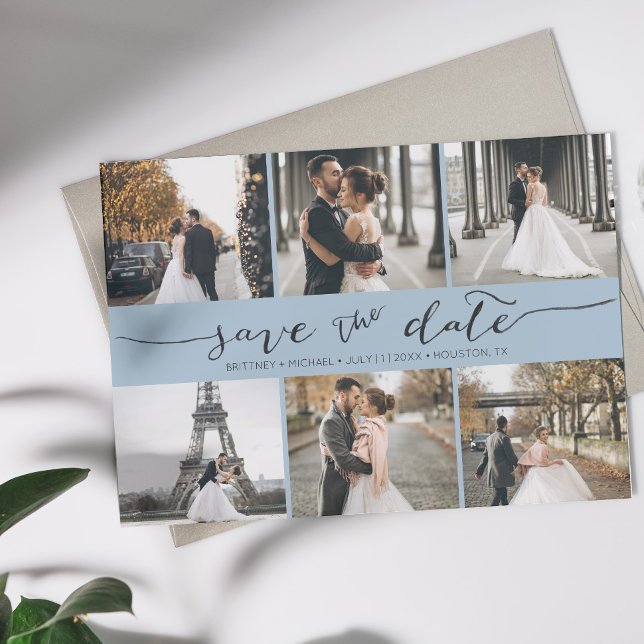 Modern Photo Collage Save the Date Dusty Blue (Creator Uploaded)
