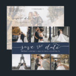 Modern Photo Collage Save the Date Navy Blue Announcement Postcard<br><div class="desc">Pick the best pictures from your engagement shoot or your favourite pictures of the two of you for this perfect save the date. The words save the date are handwritten to give a personal feel to the card. The front has 6 images and the back has a large image with...</div>
