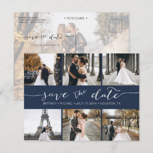 Modern Photo Collage Save the Date Navy Blue Announcement Postcard