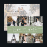 Modern Photo Collage Save the Date Sage Green Announcement Postcard<br><div class="desc">Pick the best pictures from your engagement shoot or your favourite pictures of the two of you for this perfect save the date. The words save the date are handwritten to give a personal feel to the card. The front has 6 images and the back has a large image with...</div>