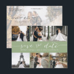 Modern Photo Collage Save the Date Sage Green Announcement Postcard<br><div class="desc">Pick the best pictures from your engagement shoot or your favourite pictures of the two of you for this perfect save the date. The words save the date are handwritten to give a personal feel to the card. The front has 6 images and the back has a large image with...</div>