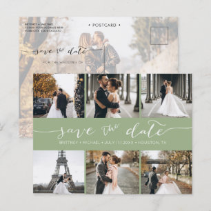 Modern Photo Collage Save the Date Sage Green Announcement Postcard
