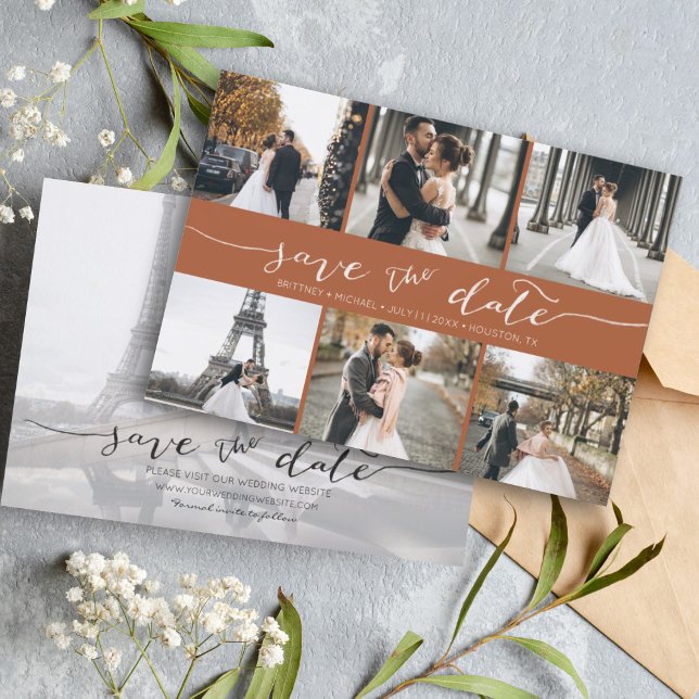 Modern Photo Collage Save the Date Terracotta (Modern Save the Date card featuring 6 photos and a hand lettered font for a minimalistic design.)